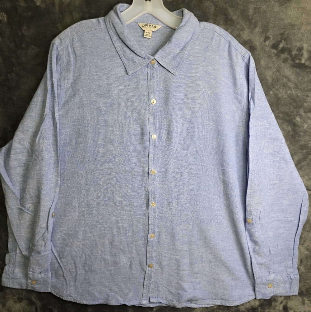 Orvis Shirt Womens XLarge Blue Roll Tab Long Sleeve Linen Blend Beachy Coastal